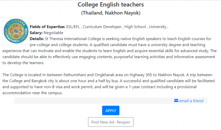 esl job in thailand